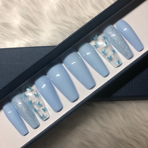Baby Blue Press On Nails With Butterfly S Etsy Canada Baby Blue Press On Nails With Butterfly S Etsy Canada