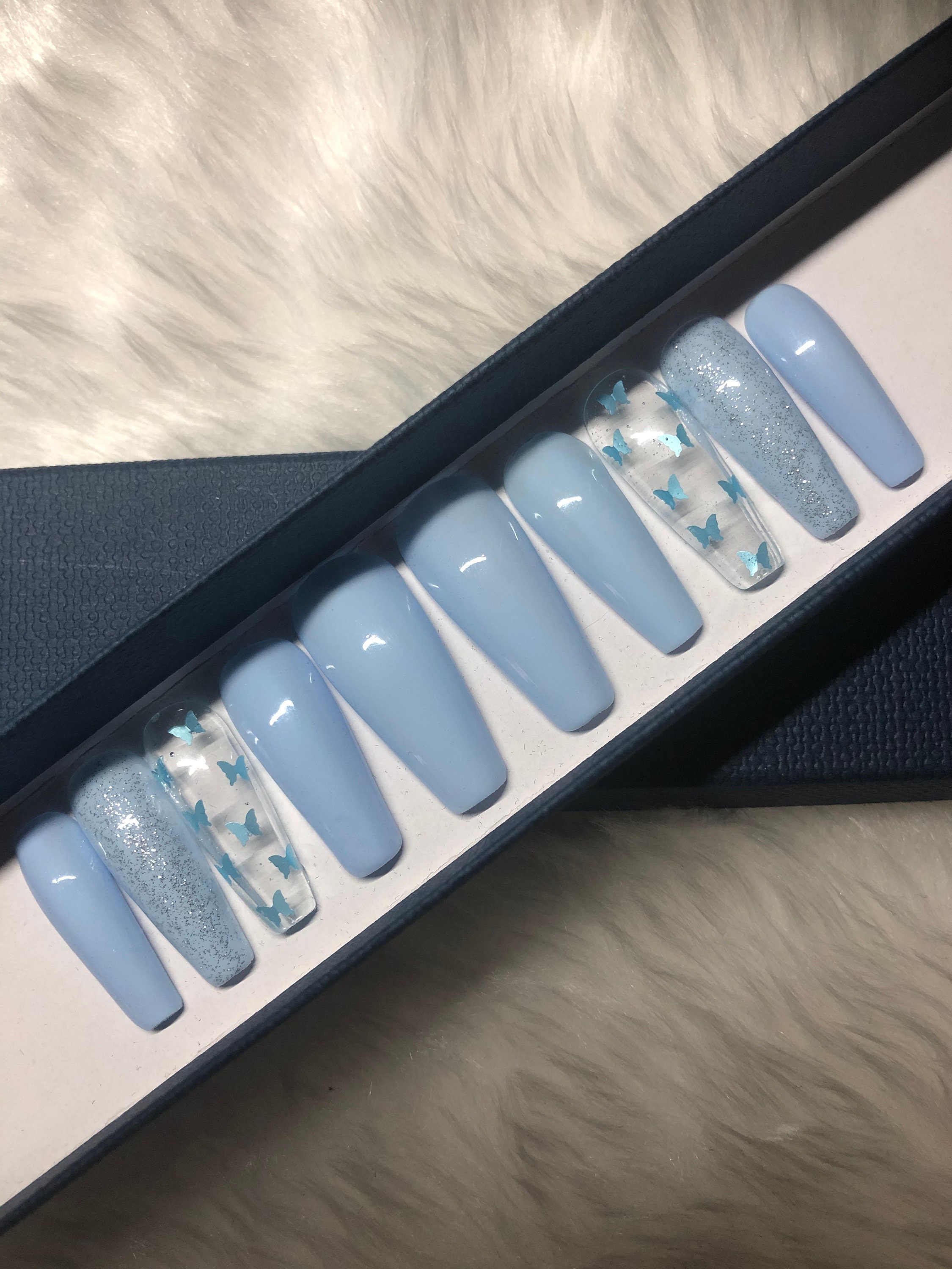 Baby Blue Press On Nails With Butterfly S Etsy Baby Blue Press On Nails With Butterfly S Etsy