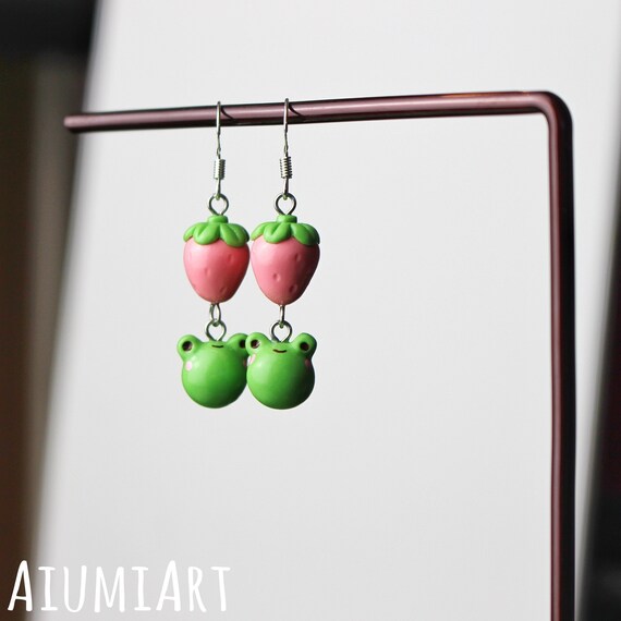 Strawberry Frog Earrings Handmade Jewelry Cute Frog Earrings