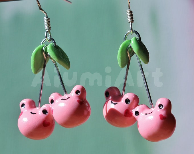 Kawaii Cherry Frog Earrings • Handmade Polymer Clay Earrings by Aiumi