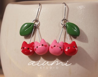 Cherry Cat Earrings • Sterling Silver • Handmade Polymer Clay Jewelry