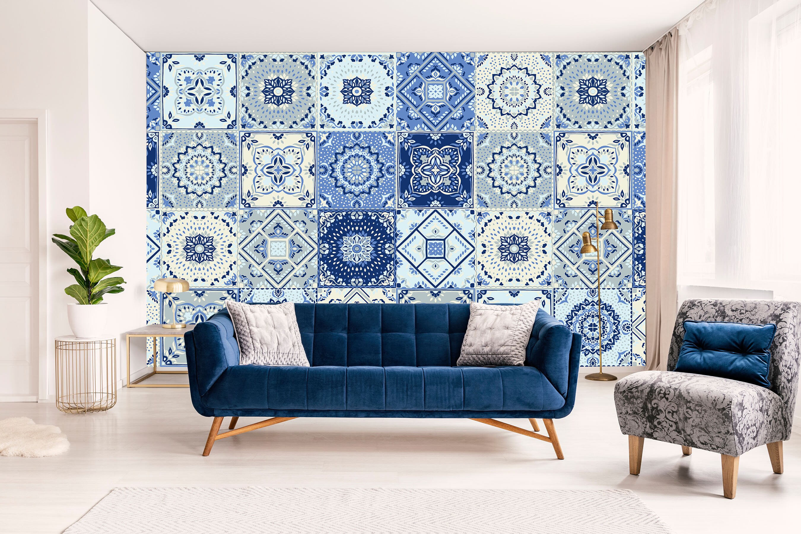 Blue Tiles Effect Wall Mural Bathroom Wallpaper Living Room Etsy UK