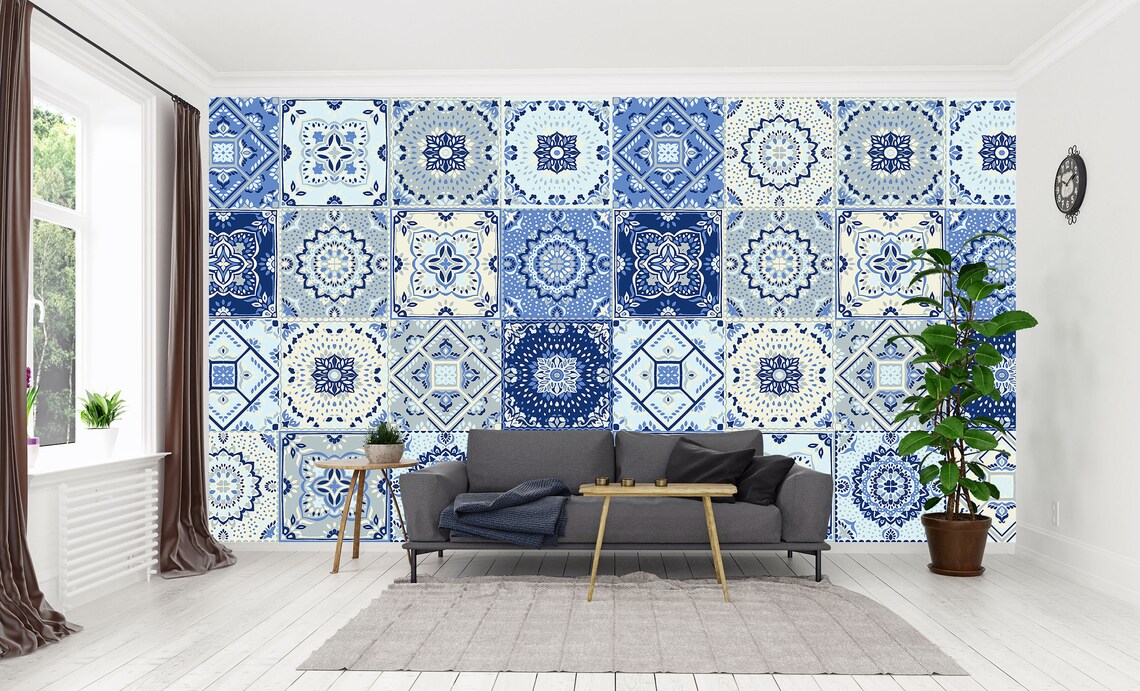 Blue Tiles Effect Wall Mural Bathroom Wallpaper Living Room Etsy UK