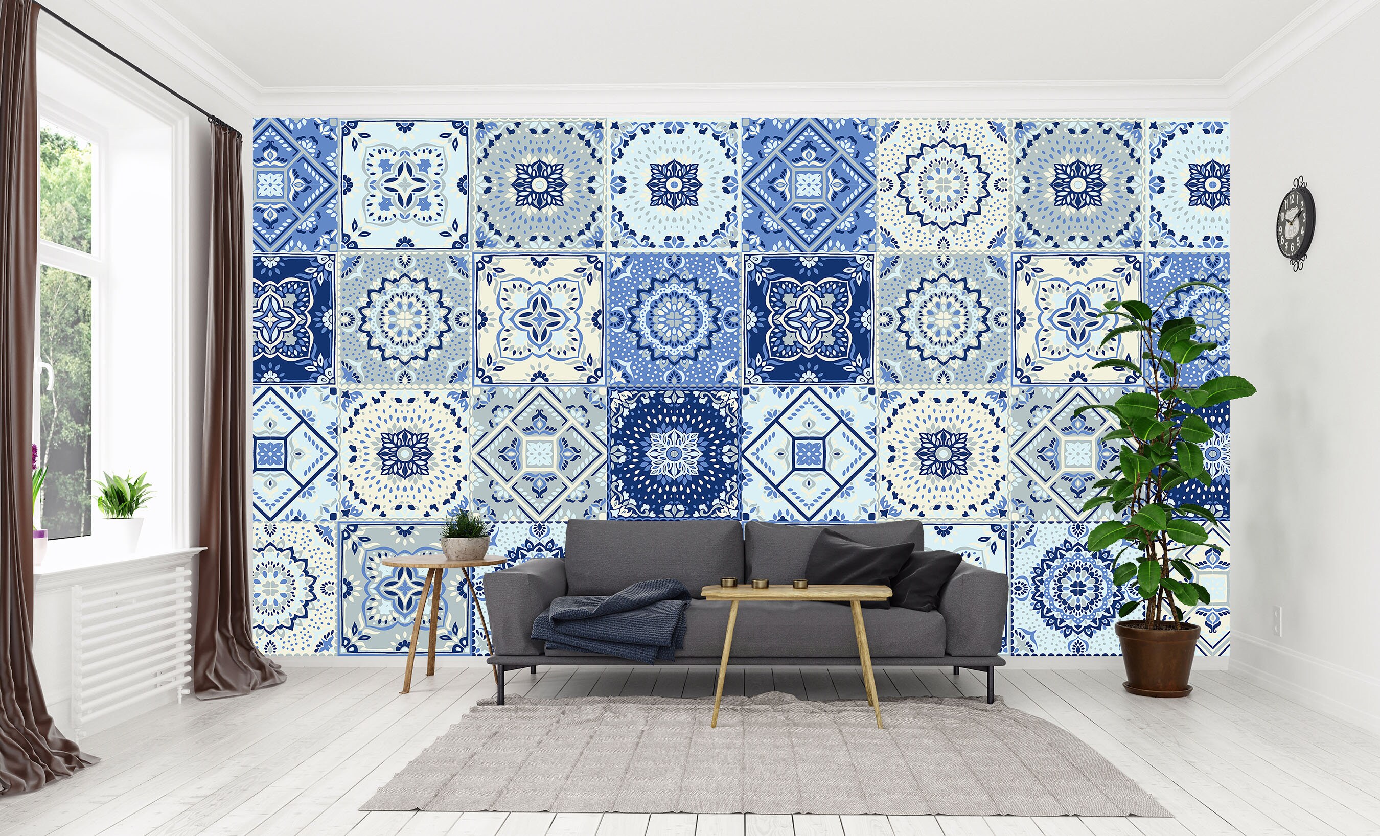 Blue Tiles Effect Wall Mural Bathroom Wallpaper Living Room Etsy UK