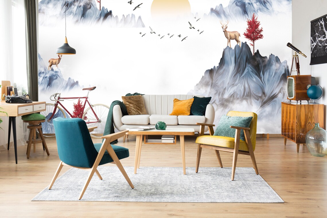 Watercolor Landscape Mountains Wall Mural Bedroom Wallpaper Etsy