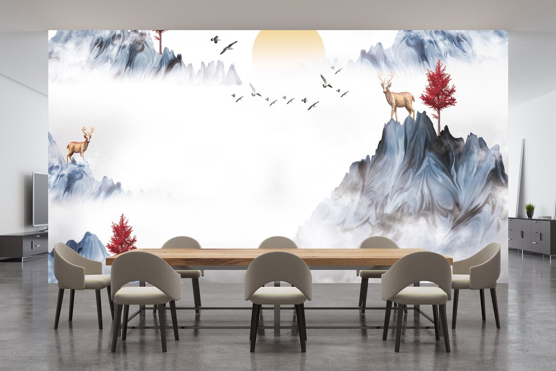 Watercolor Landscape Mountains Wall Mural Bedroom Wallpaper Etsy