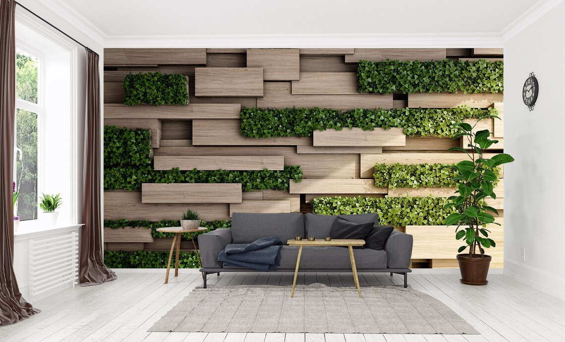 Wooden Wall With Greenery Effect Flat Wall Mural Bedroom Etsy UK