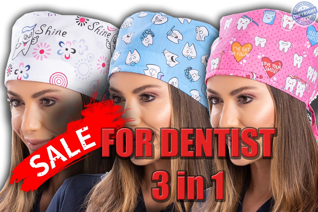 3 Pcs DENTAL Scrub Cap With Button, Medical Bouffant, Dental
