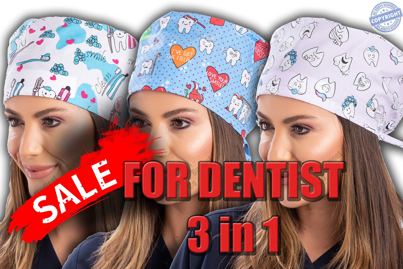 3 Pcs DENTAL Scrub Cap With Button Medical Bouffant Etsy