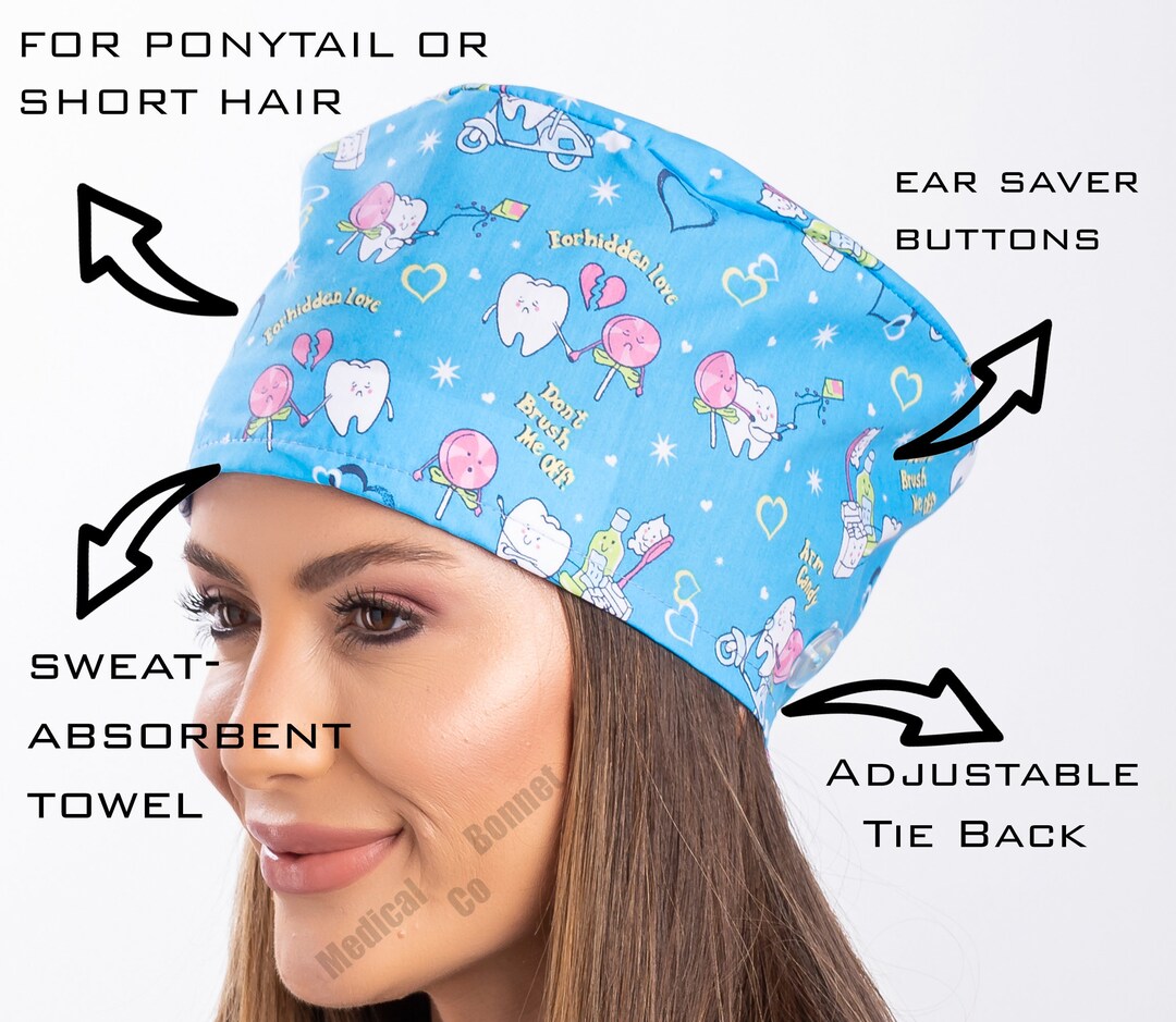 DENTAL Scrub Hats With Button, Medical Bouffant, Dental Surgical Hat, Dental Hygiene