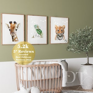 JUNGLE NURSERY PRINTS, Personalised Initial Baby African animals Kids, Framed, Home, Lion, Tigers, Elephants, Zebra, Giraffe,