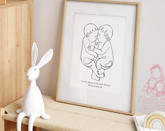 Twin Nursery Line Art Print, Newborn Details, Personalized Baby Gift