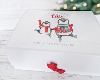 Penguin Ice skating Kids Personalised Christmas Eve Box - Reusable - Christmas Gift Box- Babys first christmas 2023- Stocking filler