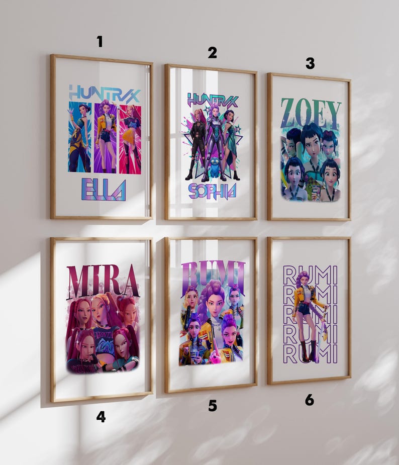 May include: Six framed art prints with colorful illustrations. The prints feature stylized images of characters with names like Ella, Sophia, Zoey, Mira, and Rumi. The word "HUNTRAX" is displayed on two prints.