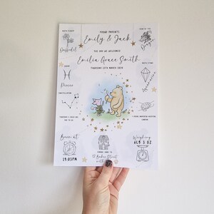 May include: A Winnie the Pooh and Piglet themed baby announcement card with a blue and white background. The card includes details about the baby's birth, including the date, time, weight, and location. The card also includes the baby's name, birth flower, zodiac sign, and birthstone.