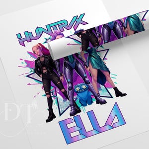 May include: A poster featuring a digital illustration of three figures with the text "HUNT RX" and "ELLA" in a vibrant, futuristic style. The figures are in dynamic poses, with a blue creature. The color palette includes shades of purple, teal, and pink.