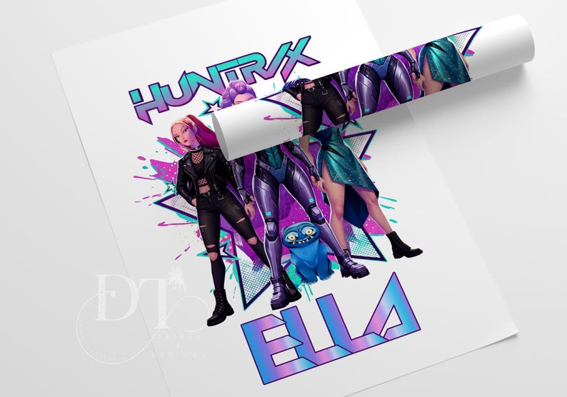 May include: A poster featuring a digital illustration of three figures with the text "HUNT RX" and "ELLA" in a vibrant, futuristic style. The figures are in dynamic poses, with a blue creature. The color palette includes shades of purple, teal, and pink.