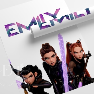 May include: A print featuring three determined female characters with weapons. The word "EMILY MILT" is displayed in large, colorful letters at the top. The characters are dressed in dark outfits and have intense expressions.