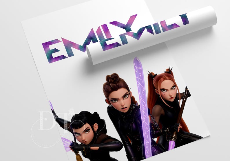 May include: A print featuring three determined female characters with weapons. The word "EMILY MILT" is displayed in large, colorful letters at the top. The characters are dressed in dark outfits and have intense expressions.
