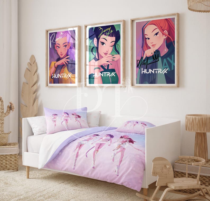 May include: A bedroom scene featuring a white bed with a purple and white comforter set and matching pillowcases. Above the bed are three framed art prints with stylized portraits. The prints feature the text "HUNTRAX".