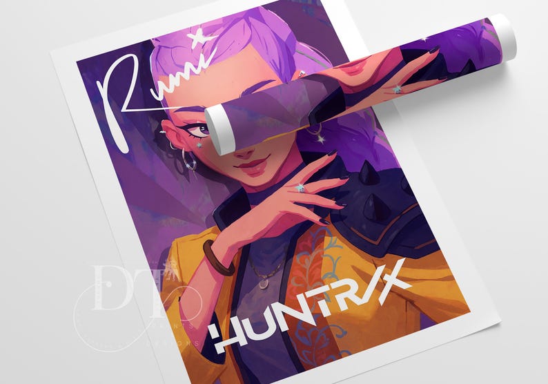 May include: A rolled poster featuring a digital illustration of a person with purple hair and a yellow jacket. The artwork includes the text "Rumi" and "HUNTR/X" in white. The color palette is dominated by purple, yellow, and orange.