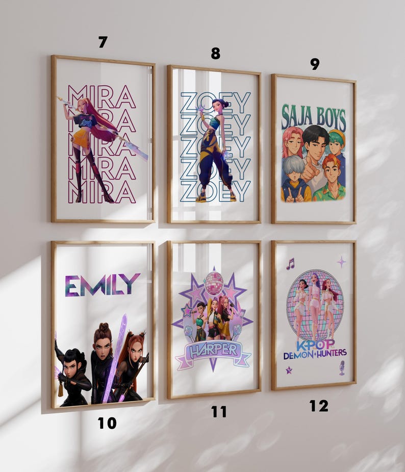 May include: Six framed art prints with illustrations and text. The prints feature stylized characters and text such as "MIRA", "ZOEY", "SAJA BOYS", "EMILY", "HARPER", and "KPOP DEMON HUNTERS". The art has a modern, colorful aesthetic.