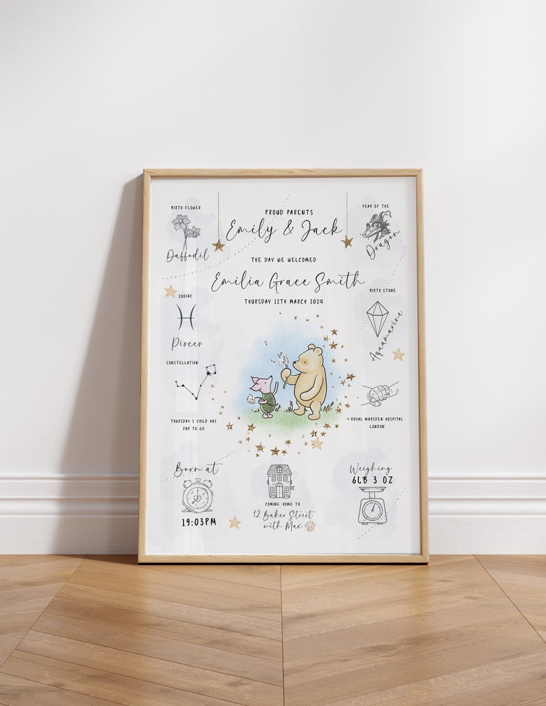 May include: A Winnie the Pooh themed baby birth announcement print with gold stars, a blue and white watercolor background, and details about the baby's birth, including the date, time, weight, and location. The print also includes the baby's name, Emilia Grace Smith, and the parents' names, Emily & Jack.
