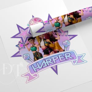 May include: A rolled poster featuring a pop music group with the name "HARPER" in a banner. The design includes a disco ball, stars, and illustrations of the singers in colorful outfits, holding microphones.
