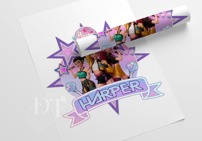 May include: A rolled poster featuring a pop music group with the name "HARPER" in a banner. The design includes a disco ball, stars, and illustrations of the singers in colorful outfits, holding microphones.