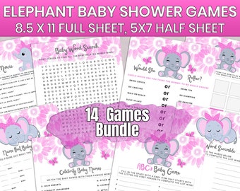 Elephant Baby Shower Games Printable Game Bundle Pink Elephant Instant Download Girl Baby Shower Games Package