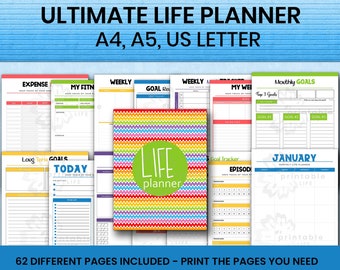 Undated Life Planner Printable, Productivity Goal Tracker (Digital Download)