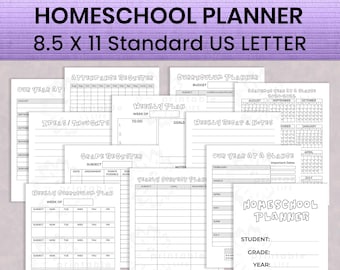 Puede incluir: Un planificador de homeschool imprimible en blanco y negro con 12 páginas diferentes, que incluyen un plan de estudios semanal, un registro de calificaciones, un plan de asignaturas anual y un registro de asistencia. El planificador está diseñado para papel de tamaño A4.
