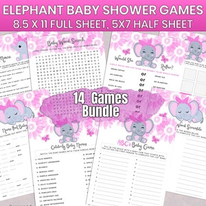Jeux de douche de bébé éléphant Bundle de jeu imprimable Éléphant rose Téléchargement instantané Paquet de jeux de douche de bébé fille