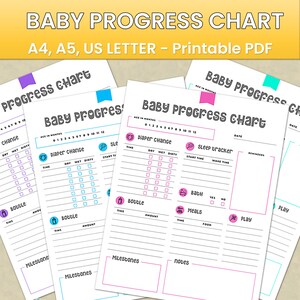 Grafico dei progressi stampabile del tracker del bambino, foglio di cura quotidiana del neonato, registro del bambino della tata, registro dei pannolini, record di alimentazione