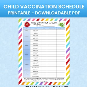 Pode incluir: Gráfico de vacinação infantil imprimível com listras coloridas no fundo. O gráfico inclui uma seção para o nome da criança, data de nascimento, vacina, data de administração, administrador e próxima consulta. O gráfico lista as vacinas infantis comuns e as idades recomendadas para administração.