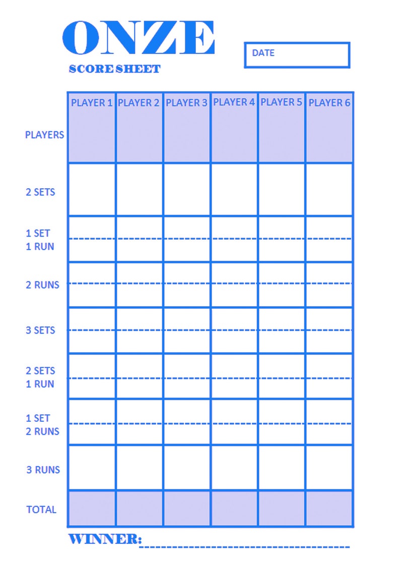 ONZE Score Sheet, Card Game Scorecard, Comes in 5 Colors, 2 Sizes ...