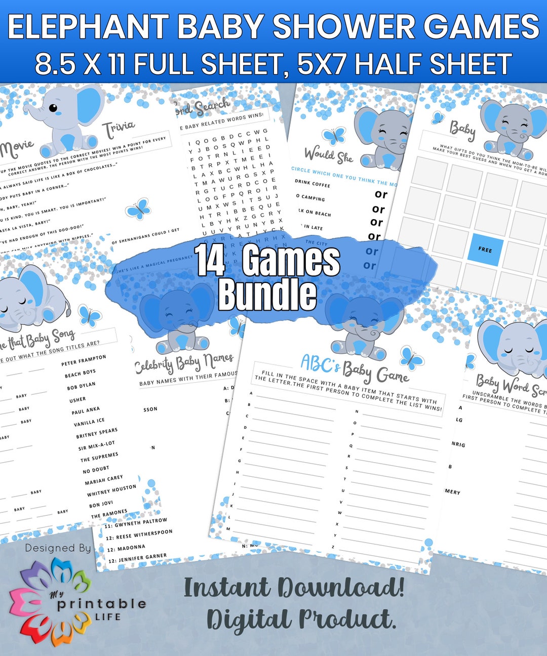 Elephant Baby Shower Games Printable Game Bundle Blue Elephant Instant ...