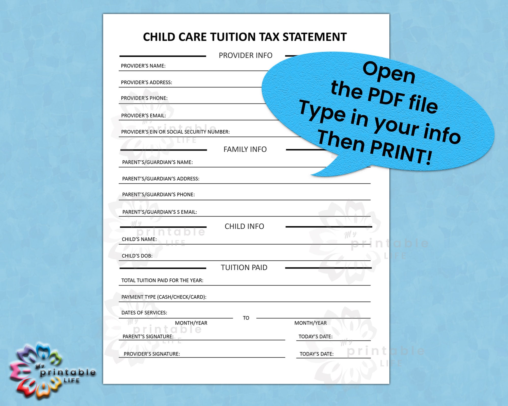 CHILD CARE TAX Statement Form Daycare or Childcare Printable Etsy