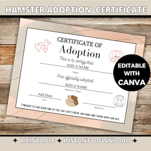 Certificaat van adoptie van hamsters | Bewerkbare Canva-sjabloon | Afdrukbaar huisdierdocument | Aangepast certificaat voor kleine dieren