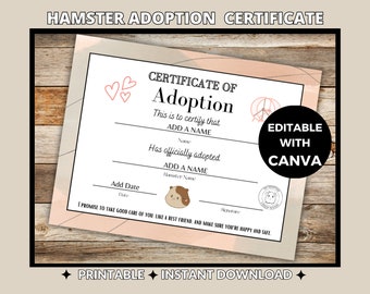 Hamster Adoption Certificate | Editable Canva Template | Printable Pet Document | Custom Small Animal Certificate