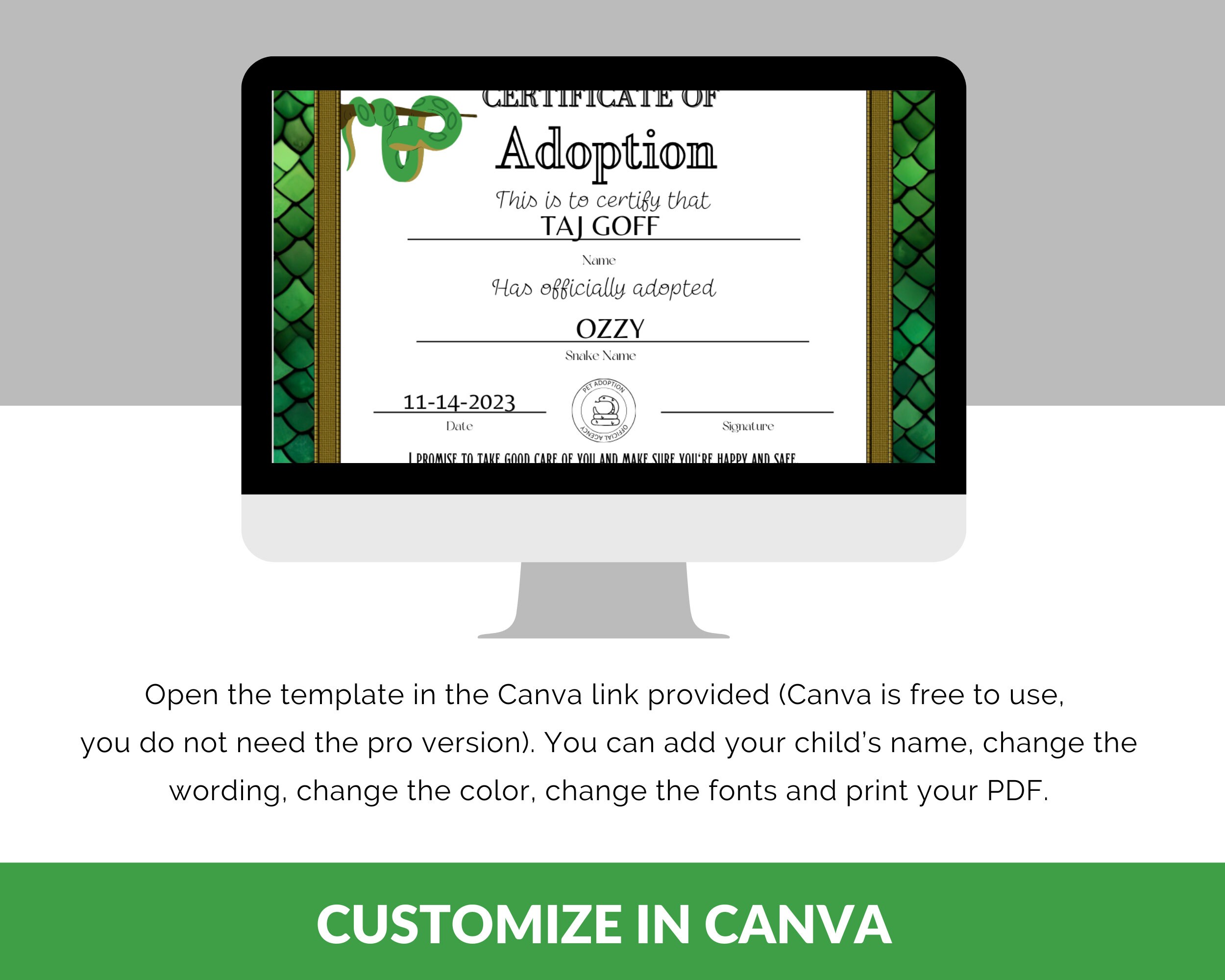 Reptile Rescue Form Snake Adoption Certificate | Editable Canva Template | Printable ...