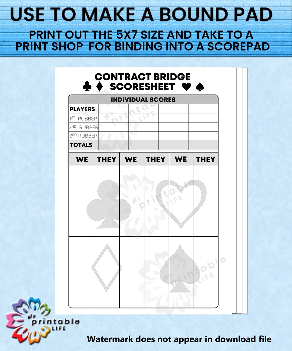 CONTRACT BRIDGE Score Sheet, Card Game Scorecard, Comes in 2 Colors, 2