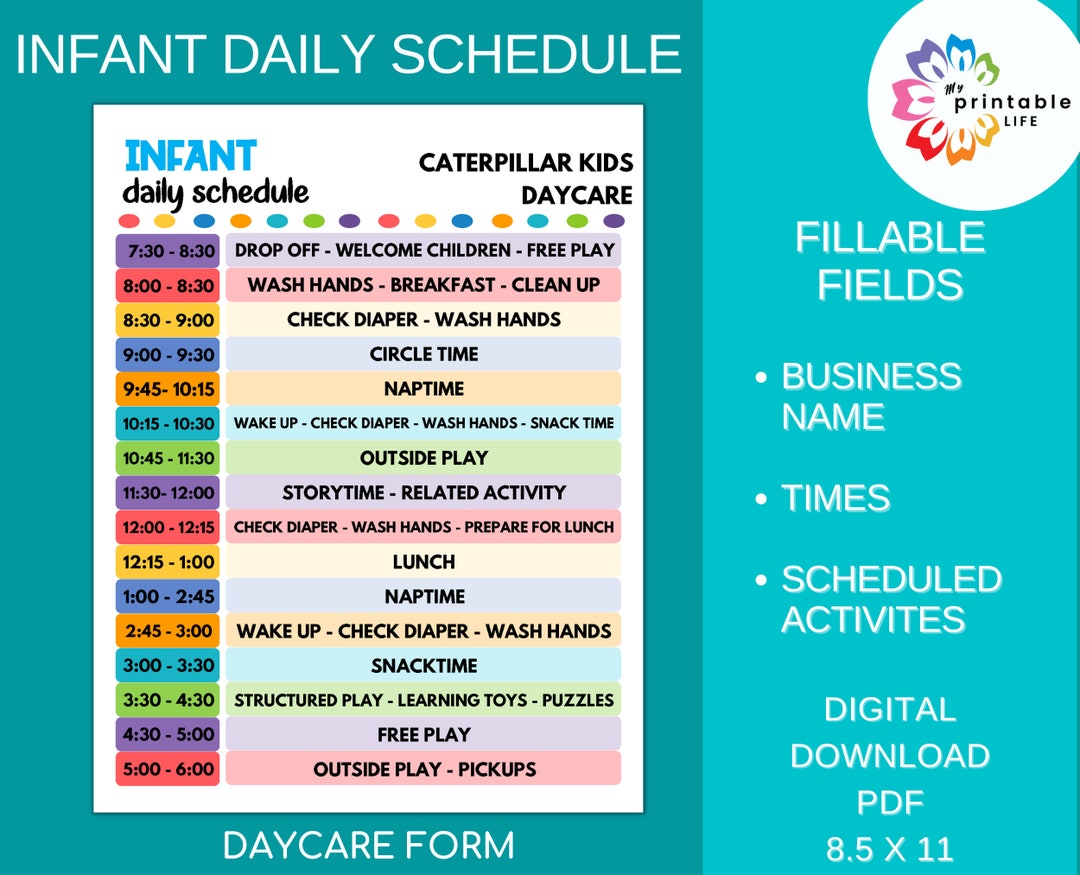 Daycare Daily Schedule for Infants Printable Child (Instant Download
