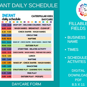 Programma giornaliero dell'asilo nido per neonati PDF compilabile stampabile per l'assistenza all'infanzia