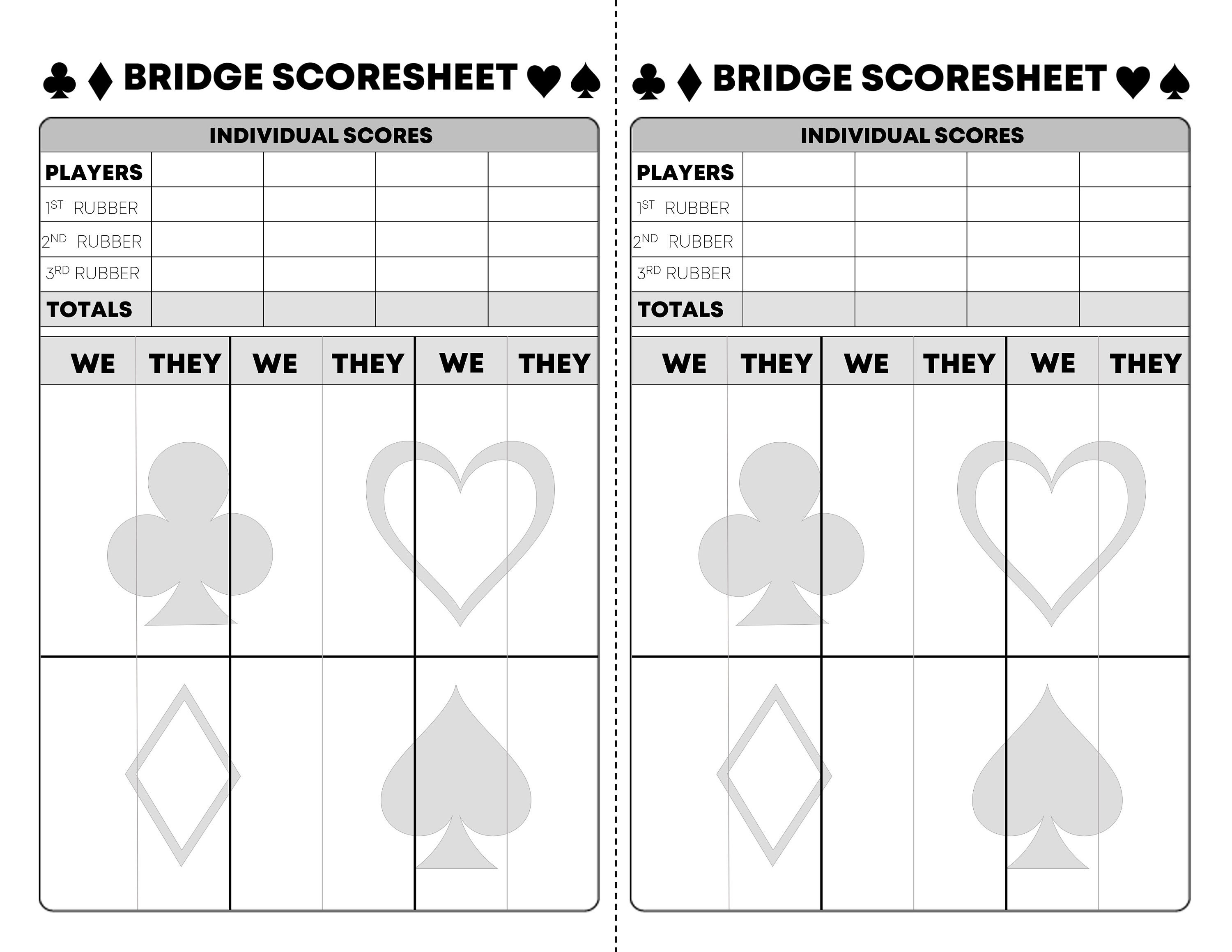 BRIDGE Score Sheet, Card Game Scorecard, Comes in 2 Colors, 2 Sizes Etsy
