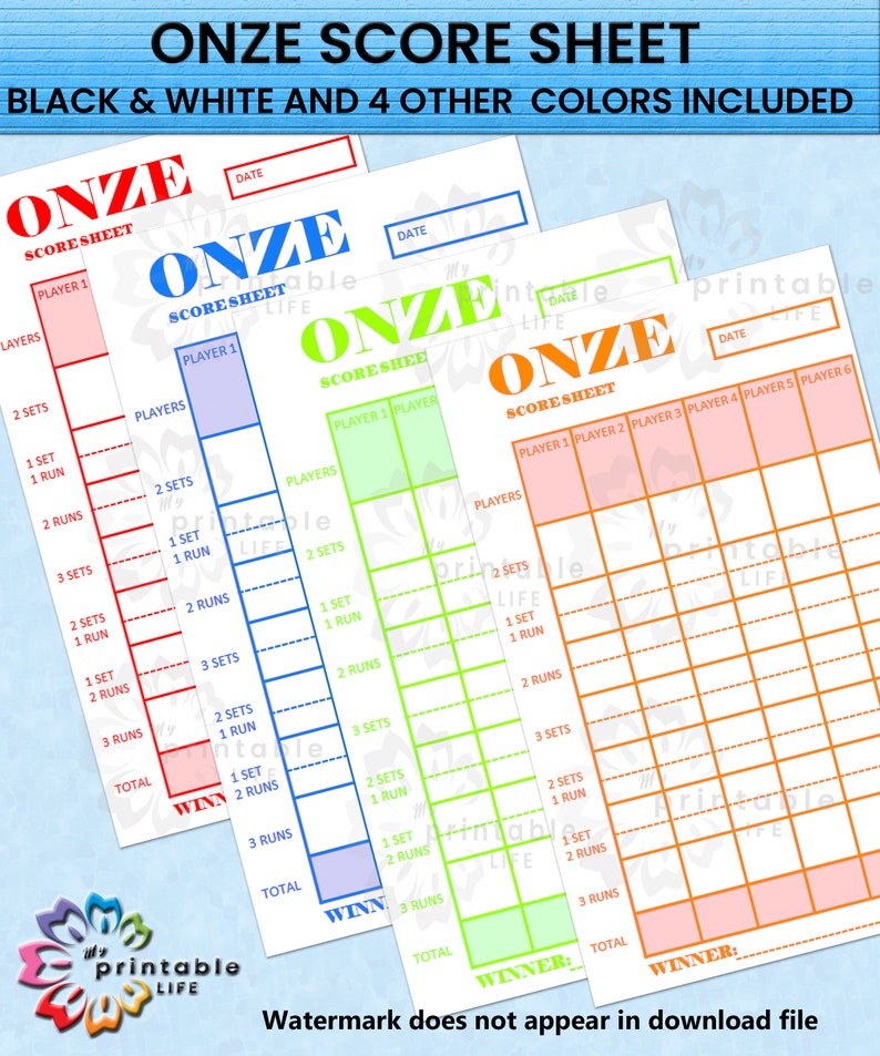 ONZE Score Sheet, Card Game Scorecard, Comes in 5 Colors, 2 Sizes ...