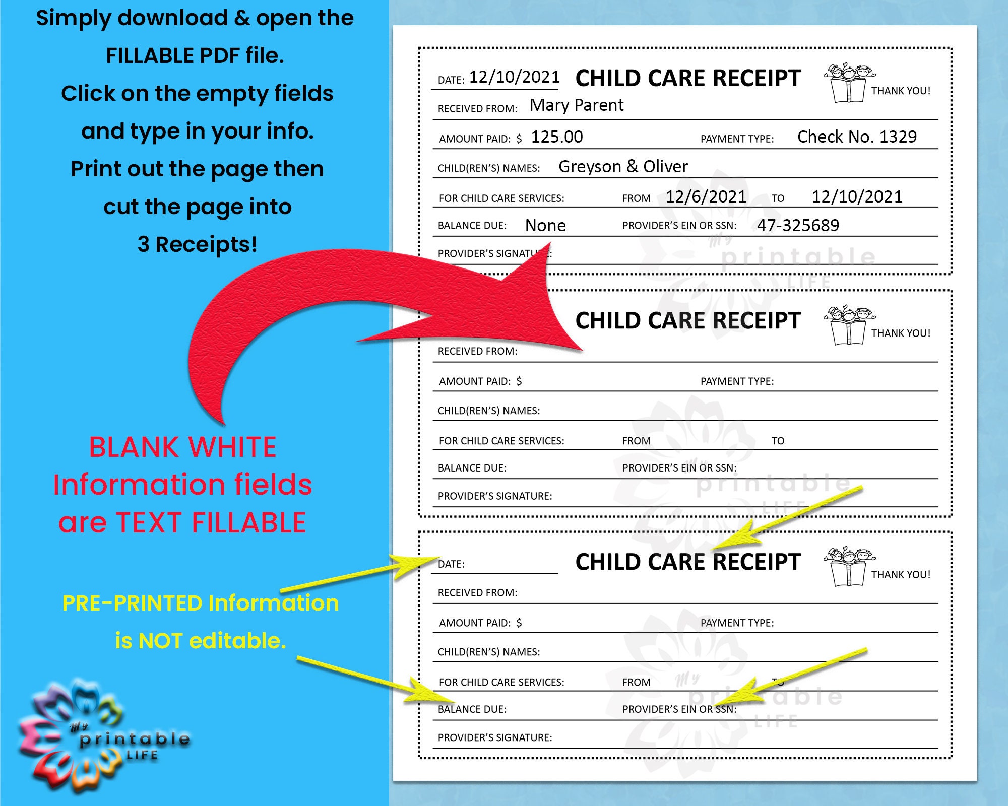 Child Care Receipt Form Daycare Printable, Childcare Payments, Instant ...