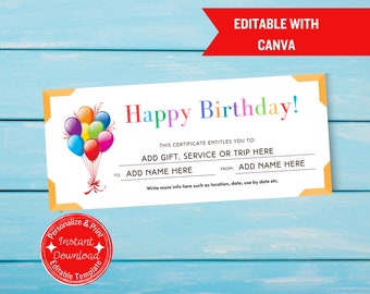 Happy Birthday Certificate | Customizable Canva Template | Instant Download | Printable Gift Voucher