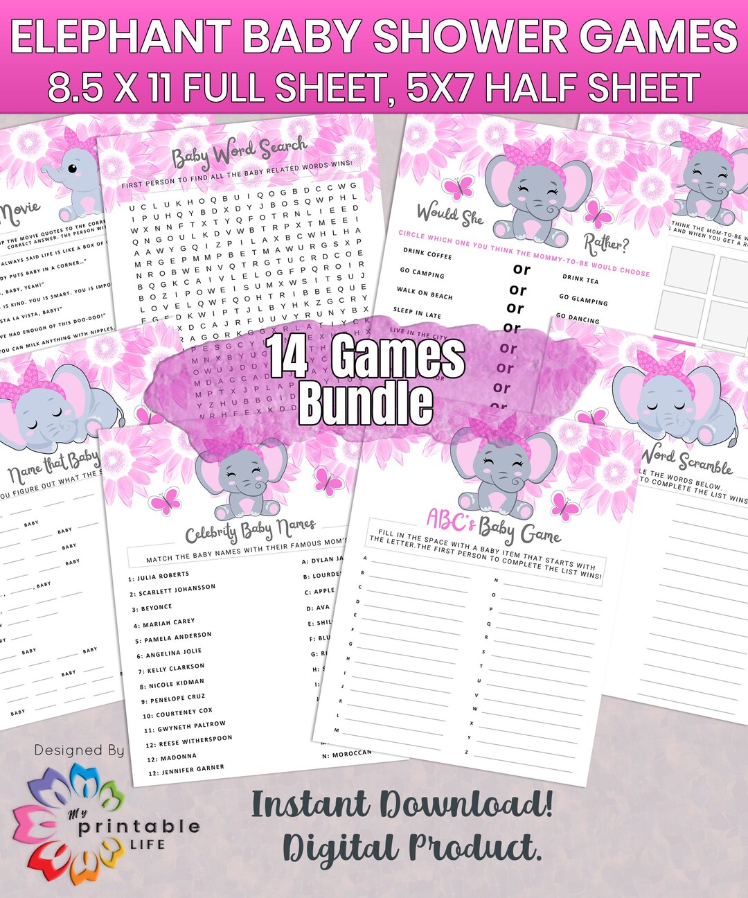 Elephant Baby Shower Games Printable Game Bundle Pink Elephant Instant ...