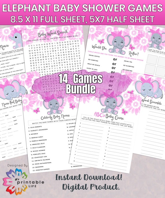 Elephant Baby Shower Games Printable Game Bundle Pink Elephant - Etsy